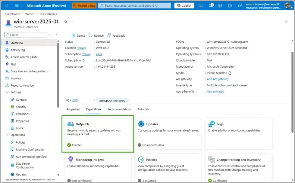 Windows Server 2025 Üzerinde Azure Arc ile Ücretsiz Hotpatching Yapılandırması